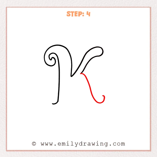 how to draw a fancy letter k - A fancy letter k with the top flourish and right arm completed, now adding a long lower leg stroke that curves down and ends in a small curled hook.